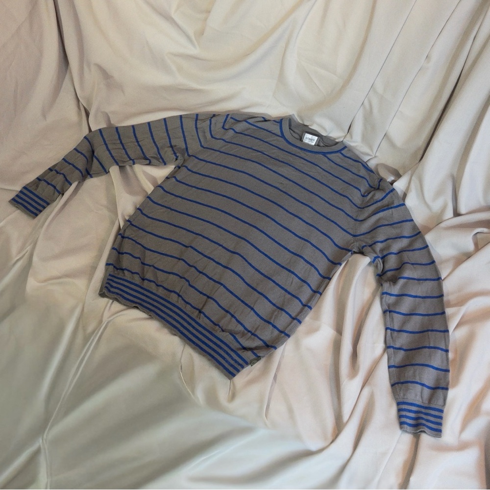 Armani Collezioni Grey & Blue Striped Merino Wool Knit Sweater — Ribbed Hem